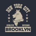 New York city, Brooklyn typography print with lion. Design clothes, sportswear, t-shirt. Vector. Royalty Free Stock Photo
