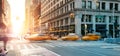 New York City - Busy intersection with yellow taxis speeding through the crowded intersection of 5th Avenue and 23rd Street with Royalty Free Stock Photo