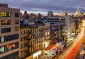 New York City busy overhead street view of Bowery with car lights streaking down the road from long exposure