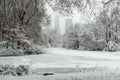 New York City Central Park in snow pond Royalty Free Stock Photo