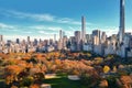 New York City Central Park. Top view with Autumn tree. Autumn Central Park view from drone. Aerial of NY City, panorama Royalty Free Stock Photo