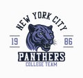 New York city college league, Panthers team t-shirt design. College tee shirt print design with panthers head.