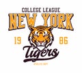 New York city college league, tigers team t-shirt design. College tee shirt print design with tiger head and grunge. Royalty Free Stock Photo
