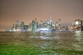 NEW YORK CITY - DECEMBER 6, 2018: Lower Manhattan skyline and Brooklyn Bridge at night Royalty Free Stock Photo