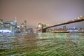 NEW YORK CITY - DECEMBER 6, 2018: Lower Manhattan skyline and Brooklyn Bridge at night Royalty Free Stock Photo