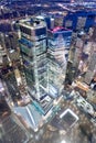 NEW YORK CITY - DECEMBER 7, 2018: Manhattan aerial skyline in World Trade Center area at night, downward view. New York attracts