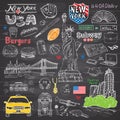 New York city doodles elements collection. Hand drawn set with, taxi, coffee, hotdog, burger, statue of liberty, broadway, music,