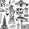 New York city doodles elements. Isolated black sketch collection.