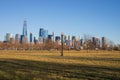 New York City downtown skyline. Financial district and World Trade Center. View from New Jersey shipyard. Royalty Free Stock Photo