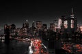 New York City Downtown Skyline At Night In Black And White With Colorful Red Lights