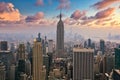 New York city empire state building landscape panorama at sunset with foggy clouds