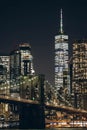 New York City empty streets. New York City skyline at night with Brooklyn Bridge. Royalty Free Stock Photo