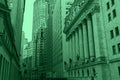 New York City financial buildings in money green colors