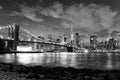 New York City, financial district in lower Manhattan with Brooklin Bridge at night, USA. BW Royalty Free Stock Photo