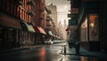 New York City in foggy raining weather at night. Streets of Chinatown at the storm, Generativ Ai