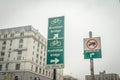 New York City Green Street Signs. Brooklyn and Manhattan Bridge Arrow Direction. Prohibited Signage. Royalty Free Stock Photo