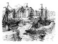 New York City Hall and Docks in 1679, vintage illustration