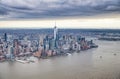 New York City from helicopter point of view. Downtown Manhattan, Jersey City and Hudson River on a cloudy day Royalty Free Stock Photo