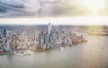 New York City from helicopter point of view. Downtown Manhattan, Jersey City and Hudson River on a cloudy day Royalty Free Stock Photo