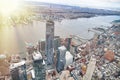 New York City from helicopter point of view. Downtown Manhattan skyscrapers on a cloudy day Royalty Free Stock Photo