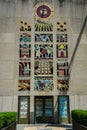 Lee Lawrie`s stone screen at the International Building`s 50th Street entrance at Rockefeller Center in Midtown Manhattan