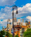 New York City landscape with Empire state building through lamp post fittings USA