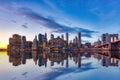 New York City Lower Manhattan with Brooklyn Bridge at Dusk, View from Brooklyn Royalty Free Stock Photo