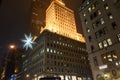 New York City Manhattan Building with Architectural Details. Illuminated and Decorated for Christmas Season