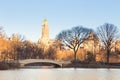 New York City Manhattan Central Park panorama of The lake with Bow bridge. Royalty Free Stock Photo