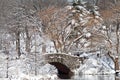 New York City Manhattan Central Park in winter with bridge over lake with snow Royalty Free Stock Photo