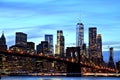 New York City Manhattan Downtown with Brooklyn Bridge at dusk Royalty Free Stock Photo