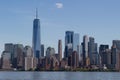 New York City Manhattan downtown skyline with boat over Hudson River panorama Royalty Free Stock Photo