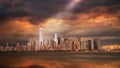 New York City Manhattan downtown skyline in evening with stormy sky Royalty Free Stock Photo