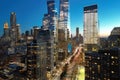 New York City, Manhattan famous top view. Night Manhattan from above. Manhattan panorama at sunset. NYC skyline at Royalty Free Stock Photo
