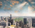 New York City Manhattan midtown aerial panorama view with skyscrapers and beautiful sunset sky Royalty Free Stock Photo