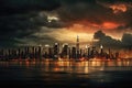 New York City Manhattan midtown skyline over Hudson River at sunset, New York City skyline, AI Generated