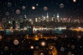 New York City Manhattan midtown skyline panorama at night with snow.