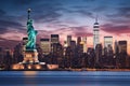 New York City Manhattan skyline panorama with Statue of Liberty over Hudson River at sunset, The Statue of Liberty over the Scene Royalty Free Stock Photo