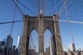 New york city manhattan to brooklyn bridge with use flag on top sand suspension cables