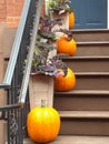 New York city, Manhattan, Upper West Side. Halloween Pumpkins and Plants Decorations Placed Successively Down the Stairway.