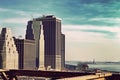 New York City Manhattan viewed from Brooklyn Bridge at sunset Royalty Free Stock Photo