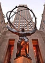 NEW YORK CITY - May 20, 2016: Atlas statue by Lee Lawrie in front of Rockefeller Center with art deco building in background in mi Royalty Free Stock Photo