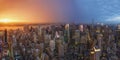 Sunset view of New York City as seen from the Rockefeller Center Observation Deck. New York City, USA.