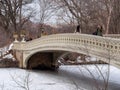 New York City, New York, United States - February 14, 2021: Central Park and Bow bridge in the winter, after a snow storm. Royalty Free Stock Photo