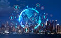 New York city at night, earth globe and social network icons, lines and circuit Royalty Free Stock Photo