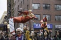 New York City, NY- February 12, 2023: A rabbit balloon flies over Mott Street in Chinatown during the annual New Year Parade, to c