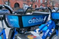 New York City, NY/USA - 03/21/2019: Citibikes on New York City street, Manhattan, NYC, USA