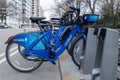 New York City, NY/USA - 03/21/2019: Citibikes on New York City street, Manhattan, NYC, USA