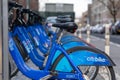 New York City, NY/USA - 03/21/2019: Citibikes on New York City street, Manhattan, NYC, USA