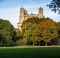 Quiet autumn view of the Beresford building across Central Park Great Lawn in Upper West Side, Manhattan, New York City Royalty Free Stock Photo